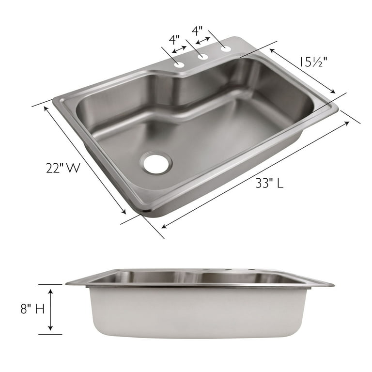 Design House 110593 Single Bowl 3-Hole 33x22x8 in. 18 Gauge Kitchen Sink, Stainless Steel Design House 110593 Single Bowl 3-Hole 33x22x8 in. 18 Gauge Kitchen Sink, Stainless Steel
