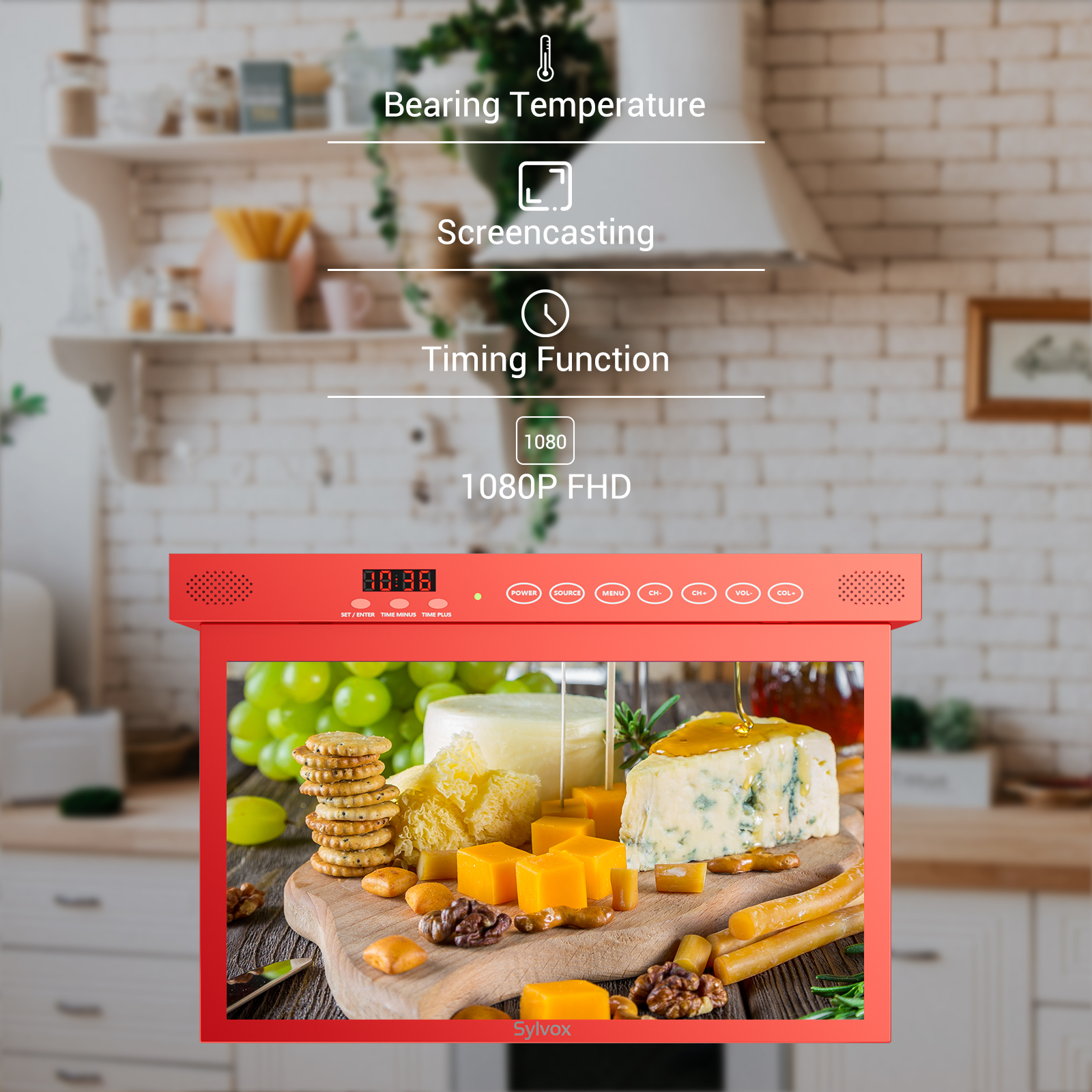 Sylvox 15.6” Under Cabinet Smart TV ,Rotated Folded,1080P 12V Google Television for Kitchen,Google Assistant,Chromecast,Wireless Connectivity,Red