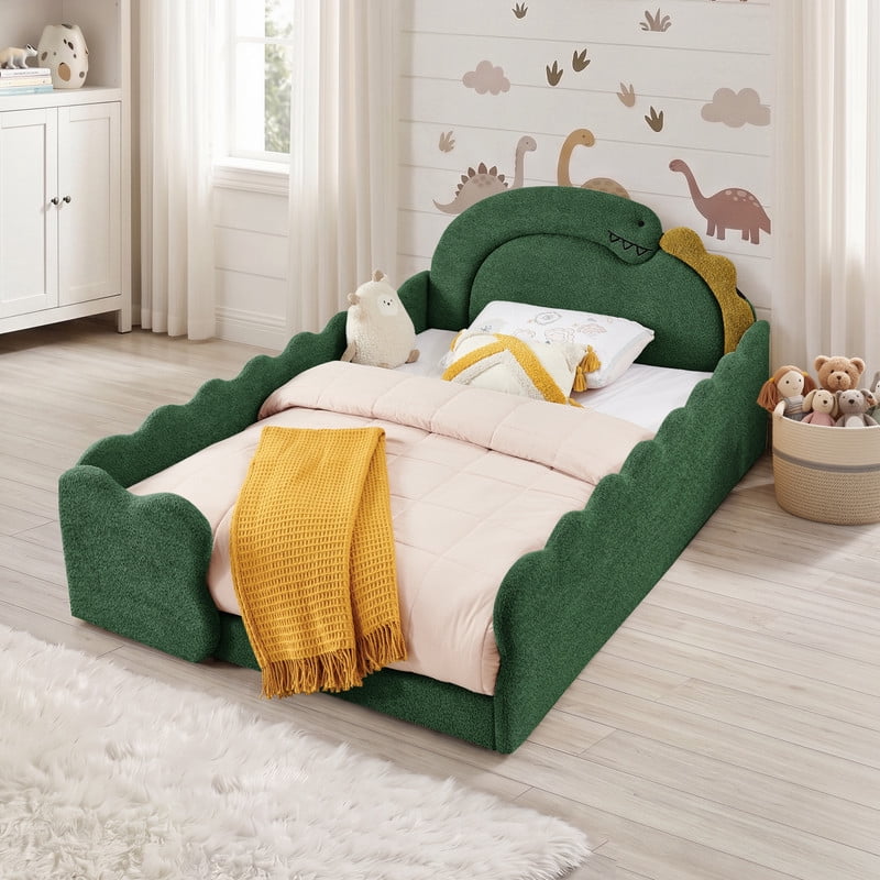 Avobird Full Size Cute Dinosaur-Shaped Kids Bed with Safety Guardraild, Solid Wood Toddler Bed Frame for Children for Bedroom, Boucle Fabric, Green