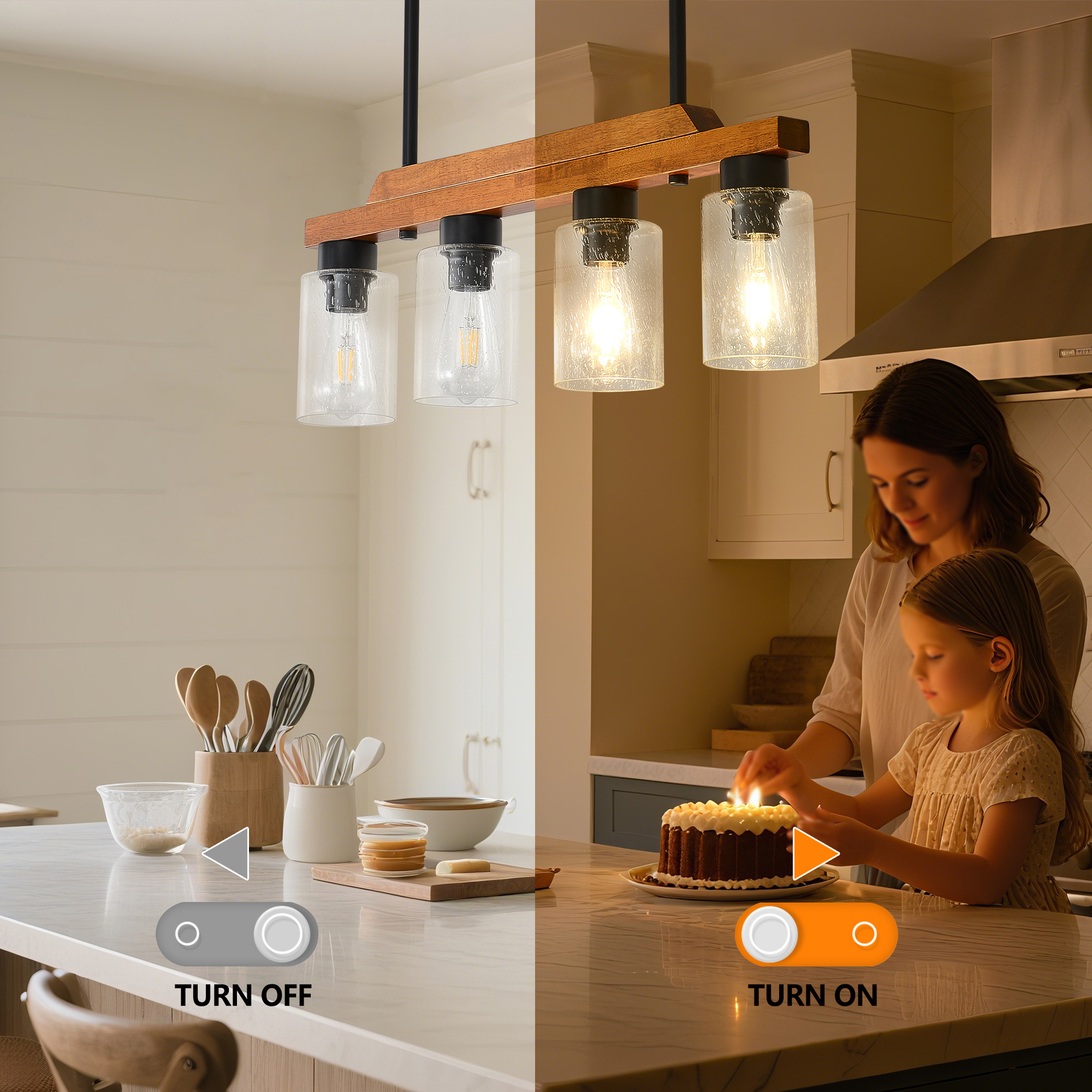 4-Light Farmhouse Pendant Light with Seed Glass Shades, Adjustable Height Kitchen Island Lighting, Linear Chandelier for Dining Room, Bar
