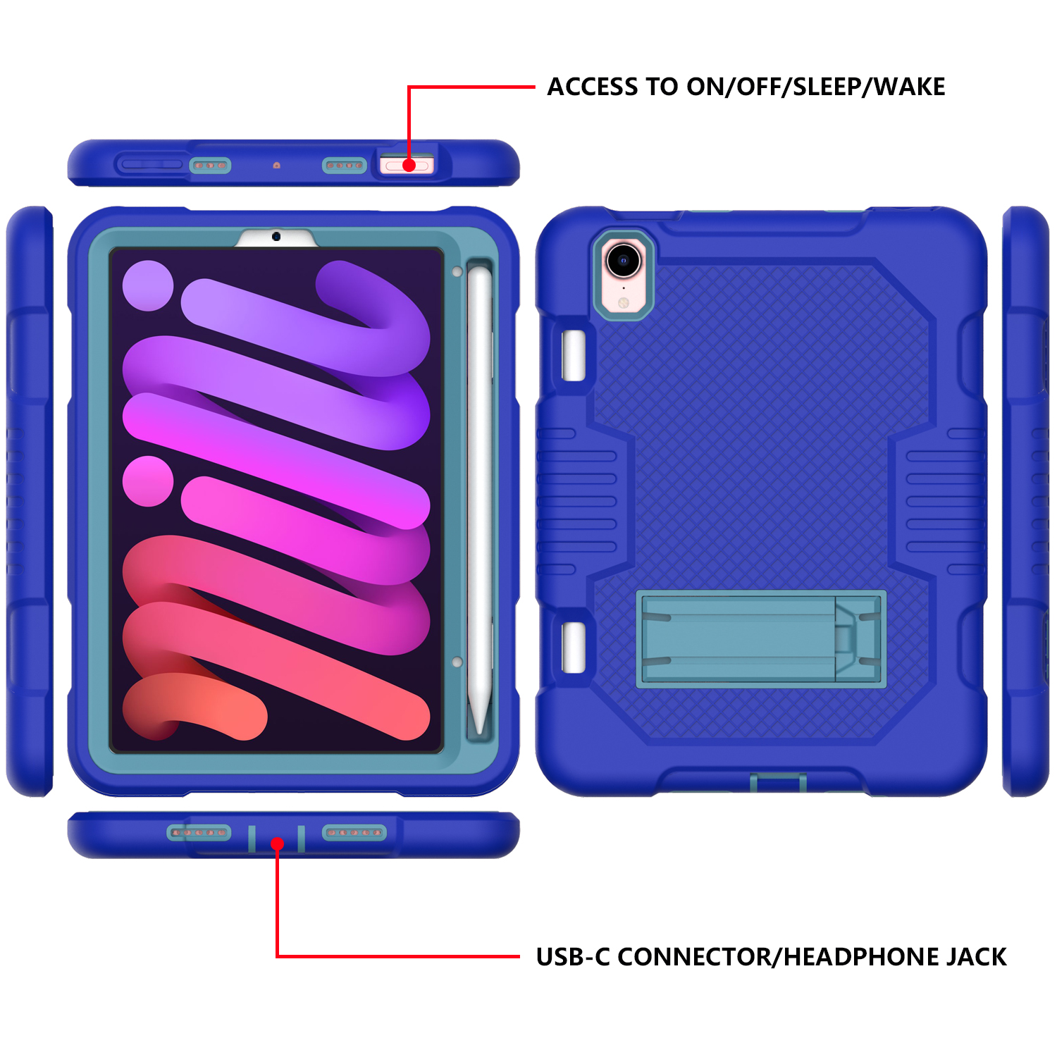 3-in-1 Case for Apple iPad Mini 2021 (8.3 Inch, 6th Generation) Tablet - Silicone/Plastic Composite Case, Shockproof Drop Proof Rugged Cover, Built-in Pencil Holder Kickstand Hard Shell (Blue)
