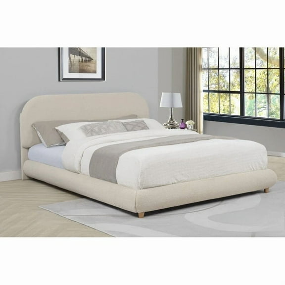 Contemporary Low Profile Queen Platform Bed Frame with Fleece Upholstery, Cream