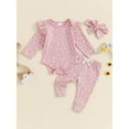 thumbnail image 2 of Suealasg Infant Girl Fall Outfits 3 6 12 18 Months Long Sleeve Crew Neck Floral Ribbed Romper +Long Pants +Headband Newborn Baby Girl Casual Autumn 3Pcs Clothes, 2 of 7