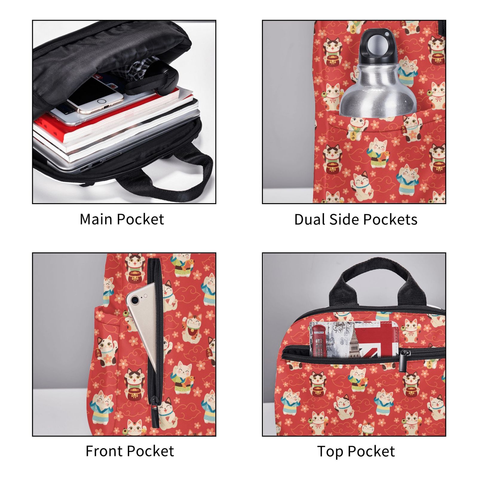 Defioc Japanese Maneki Cats Pattern Travel Laptop Backpack,Lightweight Backpack Travel Hiking Daypack Backpack Work Bag for Men Women
