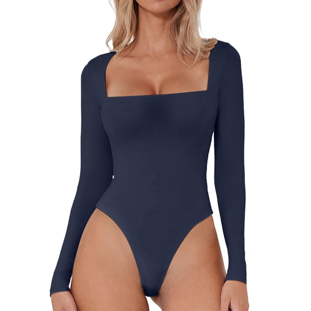 YDLCAFD New Square Neck Long Sleeve Sexy Double Layered Button Down Jumpsuit Solid Color Jumpsuit Base Layer M