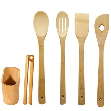 

WELPET Bamboo Kitchen Utensils Set - Cooking Spoons 6 Pcs Cooking Utensils with Holder Nonstick Heat Resistan Spatula Fork