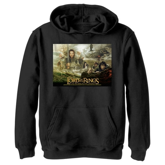 Boy's The Lord of the Rings Fellowship of the Ring Trilogy Movie Poster Pull Over Hoodie Black X Large