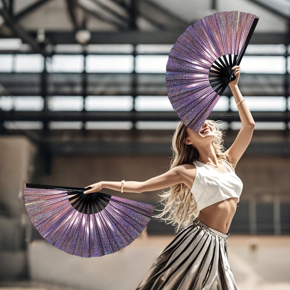 New PVC Hand Held Folding Dance Fan 13.38in - Reflective Fabric Folding Fan Versatile for Dance, Decor & Parties, Easy Open/Close, Perfect Gift for Family or Colleagues