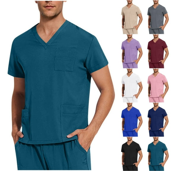 Hinvhai Scrubs for Men V Neck Stretch Short Sleeve Workwear Nursing Uniform with Pocket Plus Size Utility Medical Scrub Tops White XL(XL)
