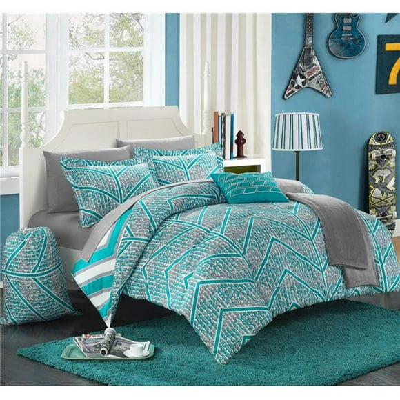 Chic Home CS4102-US Clarendon Chevron & Geometric Printed Reversible X-Long Comforter Set with Sheets - Aqua - Twin - 8 Piece