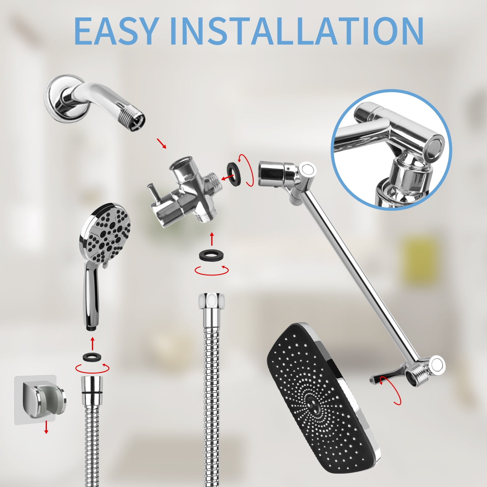 PHANCIR 12" High-Pressure Rain Shower Head Set with  11" Adjustable Extension Arm. Anti-Clog Nozzles & Versatile Spray Settings, 60" Hose, Chrome