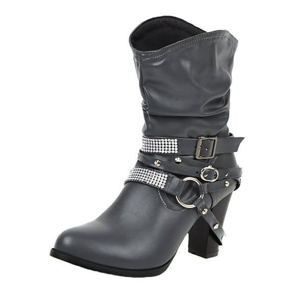 Xiaoxatg Women's Mid-Calf Boots Short Boots European Thick High Heel Belt Buckle Stylish and Comfortable Footwear for Ladies 8.5 Grey