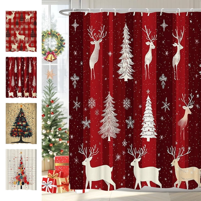 Bowayaoa Christmas Digital Print Shower Curtain Waterproof Polyester Bathroom Decor Set with Hooks Festive Holiday Tree Design