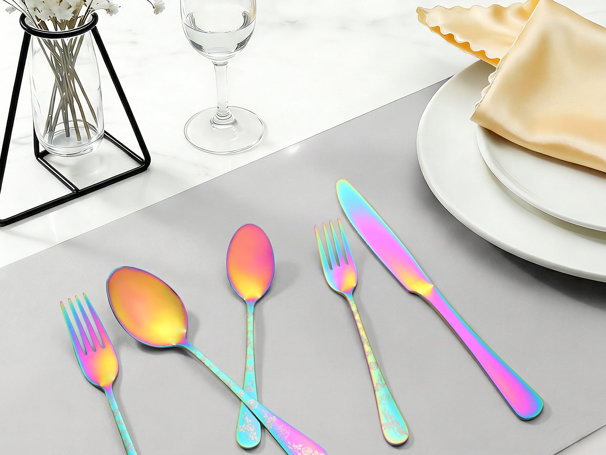 Unique Bargains Stainless Steel Flatware Set for Daily Use Colorful 20pcs