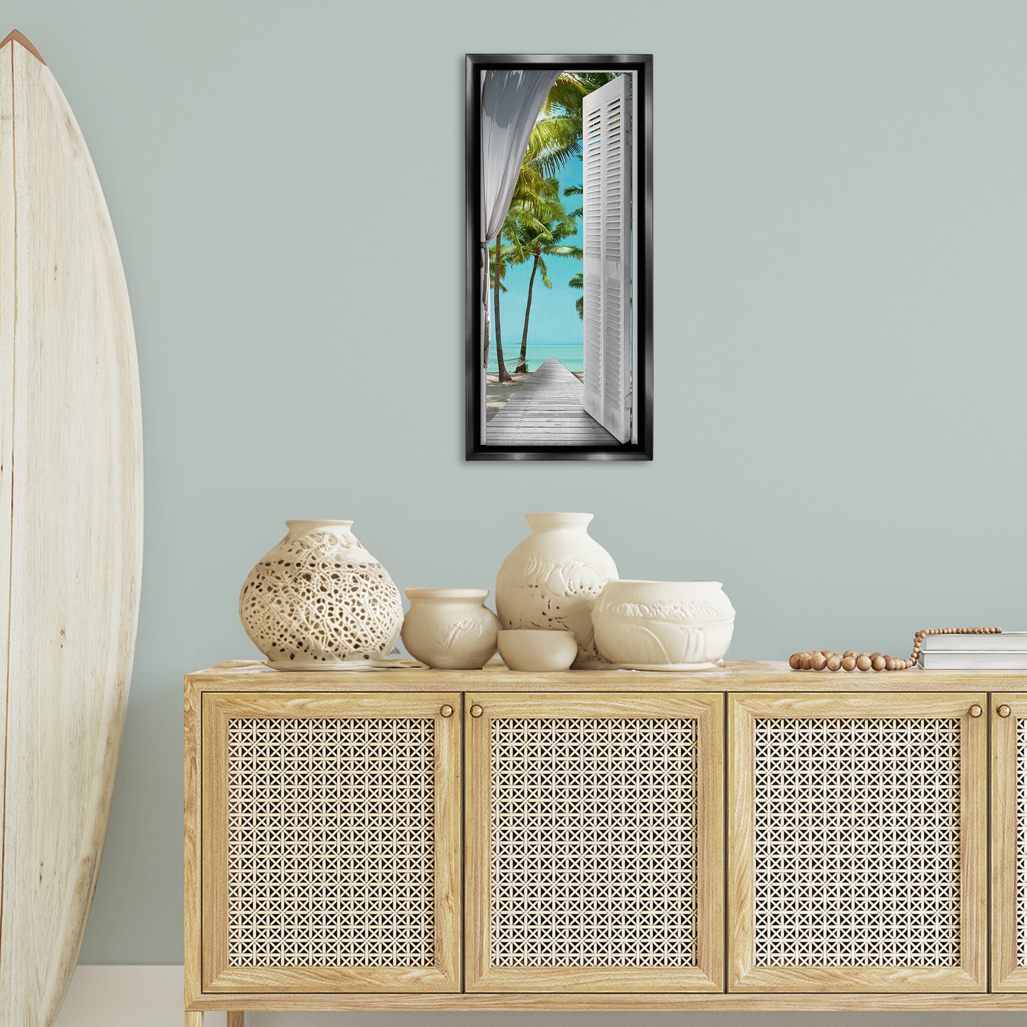 Stupell Industries Tropical Beach Villa View Nautical & Beach Painting Black Floater Framed Canvas Art Print Wall Art, 14 x 31