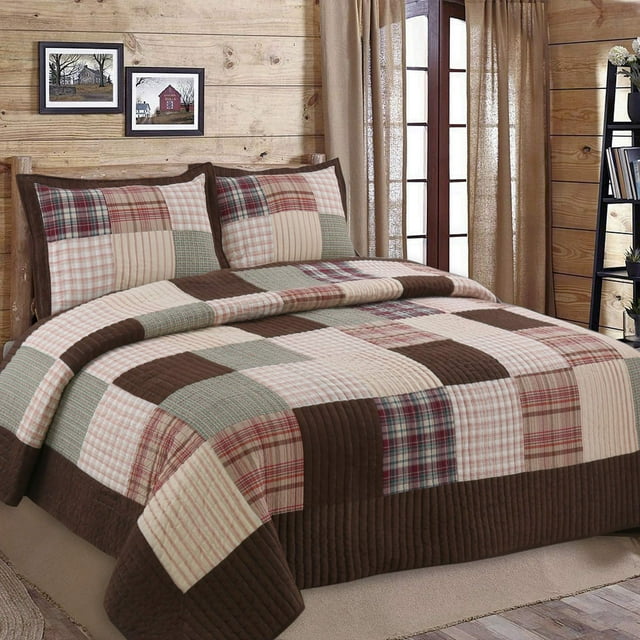 Cozy Line Home Fashions Ensemble de Literie Réversible en Patchwork Véritable à Carreaux Chocolat Rayé, Couvre-Lit (Grille Marron, Jumeau - 2 Pcs)