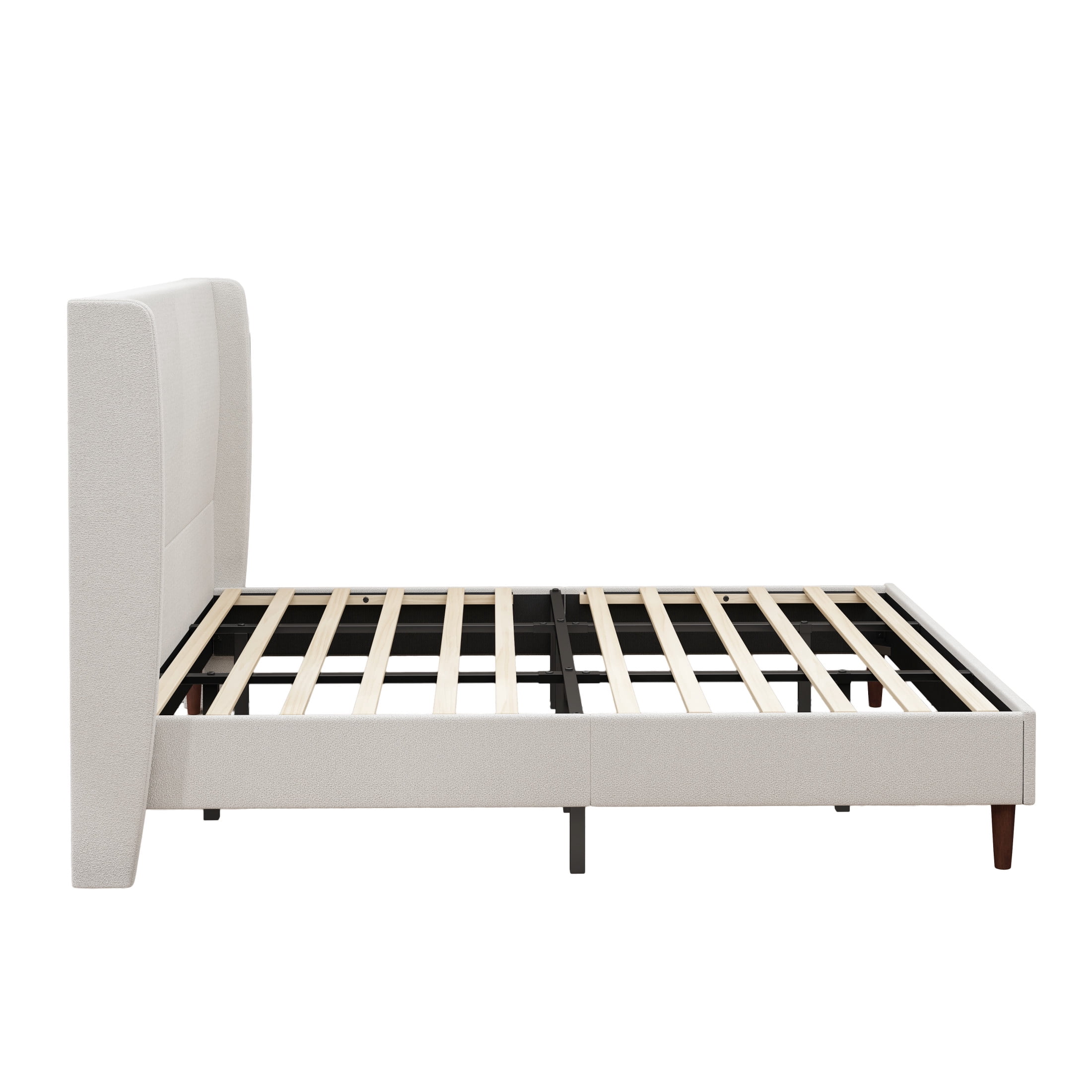 GDF Studio King Size Chenille Upholstered Bed with High Headboard & Wood Slat Support, Ivory White