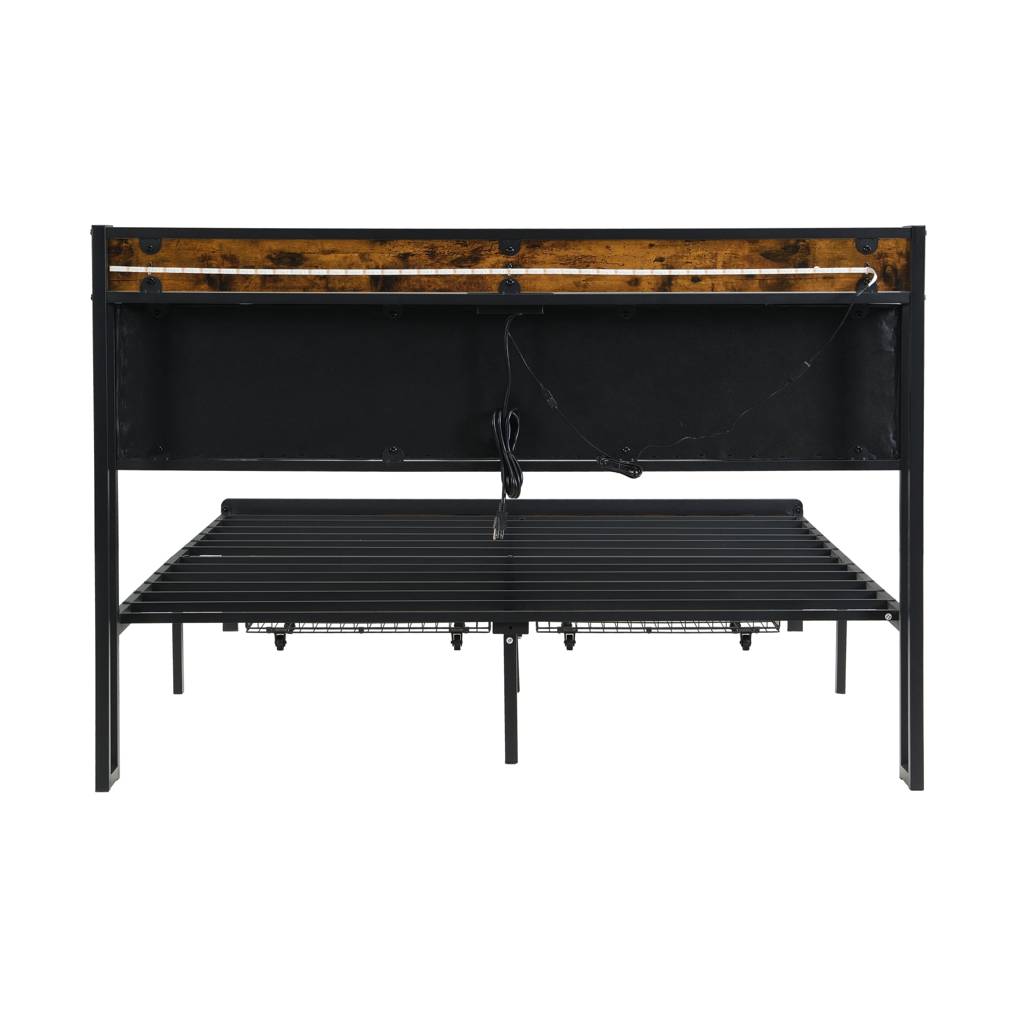 Leumius Queen Size Bed Frame with LED Lights, Metal Platform Bed with Upholstered Headboard & 2 Drawers, USB & Charging Station, Queen