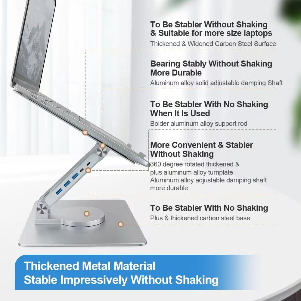 Laptop Stand with Docking Station, 5-Port USB Hub for MacBook Pro Air, Aluminum Alloy Height Adjustable Rotating Stand for Desk, Ergonomic Laptop Riser for Home Office Computer Accessories