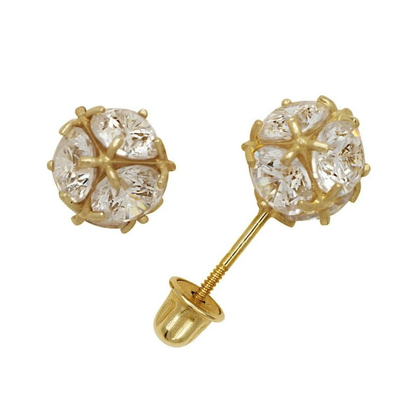 14k Yellow Gold Cubic Zirconia Medium Disco Ball Screw-Back Earrings - Measures 7x7mm