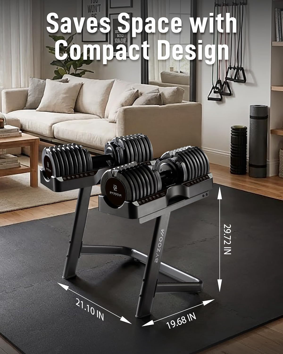 BYZOOM FITNESS 75LB Adjustable Dumbbell Stand Rack, Heavy-Duty Steel L-Shape Weight Rack for Garage Gym, Compact Space-Saving Design, Black