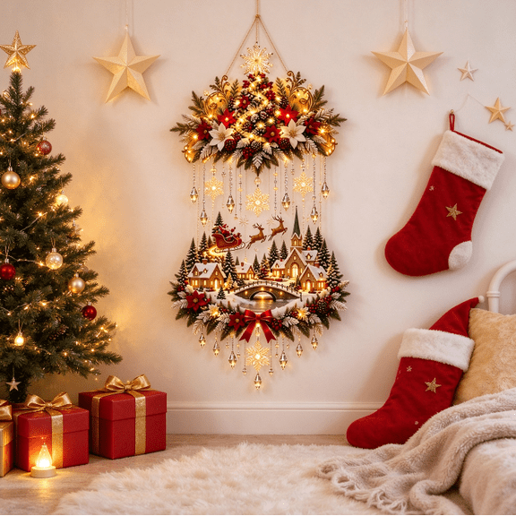 Christmas Village Glow Lighted Tree & Town Wall Hanging,Warm Lights with Snow Scene and Santa Sleigh Reindeer Decoration for Indoor Holiday Home Display(1PC)