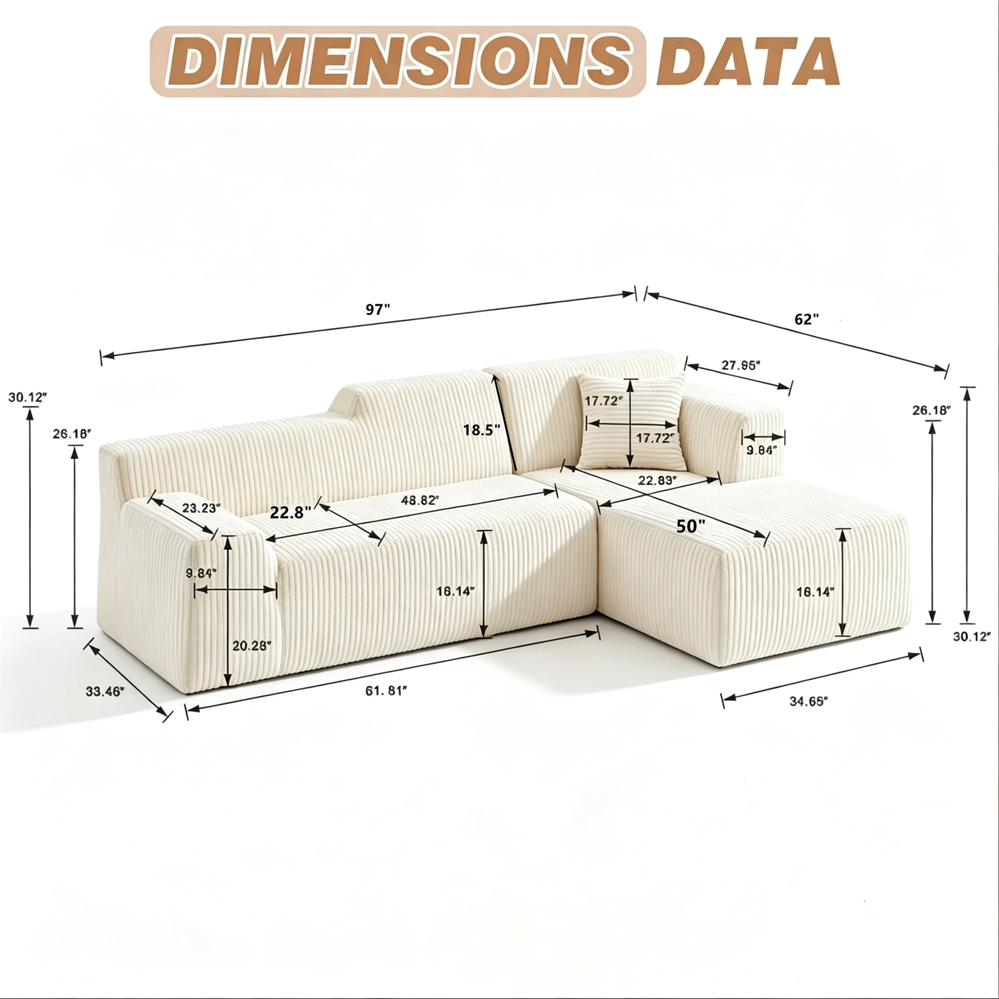 Aukfa 97" Cloud Sectional Sofa Tight Back Boneless Couch Modular L-Shaped Couch, Right Chaise Corduroy Sofa for Living Room, Beige