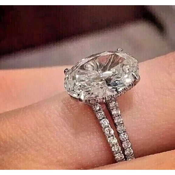 3Ct Oval Cut Lab Created Diamond Engagement Hidden Halo Ring 14K White Gold Plated Silver