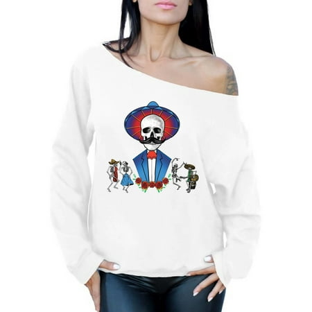 Awkward Styles Mustache Skull Off Shoulder Sweatshirt Sugar Skull Oversized Sweater for Women Dancing Skeletons Sweatshirt Mexican Holiday Gifts for Her Dia de los Muertos Outfit Day of the Dead Gifts
