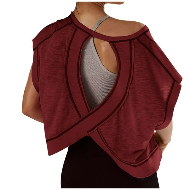 LOVZFMLL Top Hauts d'Été pour Femmes Dos Ouvert Dos Nu Manches Courtes Athlétique Crop de Course Gym Yoga Tee