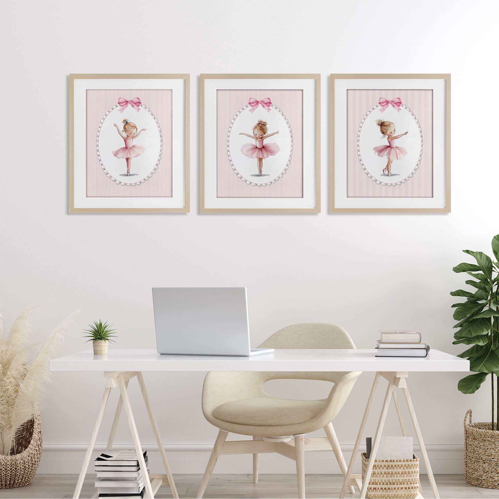 Stupell Industries Dancing Ballerinas in Pink 3 Piece Birch Framed Print Under Glass Set, design by Christine Simpson Art
