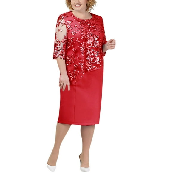 jsaierl Plus Size Cocktail Dresses for Women 2024 Wedding Guest Print Dress Elegant Lace Short Sleeve Midi Dress Loose Crew Neck Dress