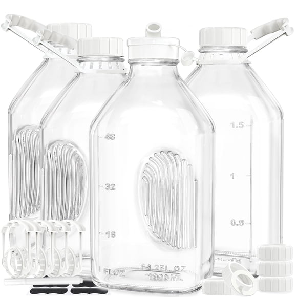 Botellas de vidrio para leche Syntic de 2 litros con asa y tapa hermética, paquete de 4