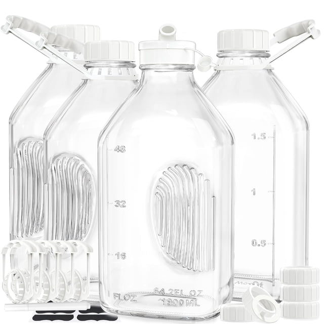 Botellas de vidrio para leche Syntic de 2 litros con asa y tapa hermética, paquete de 4