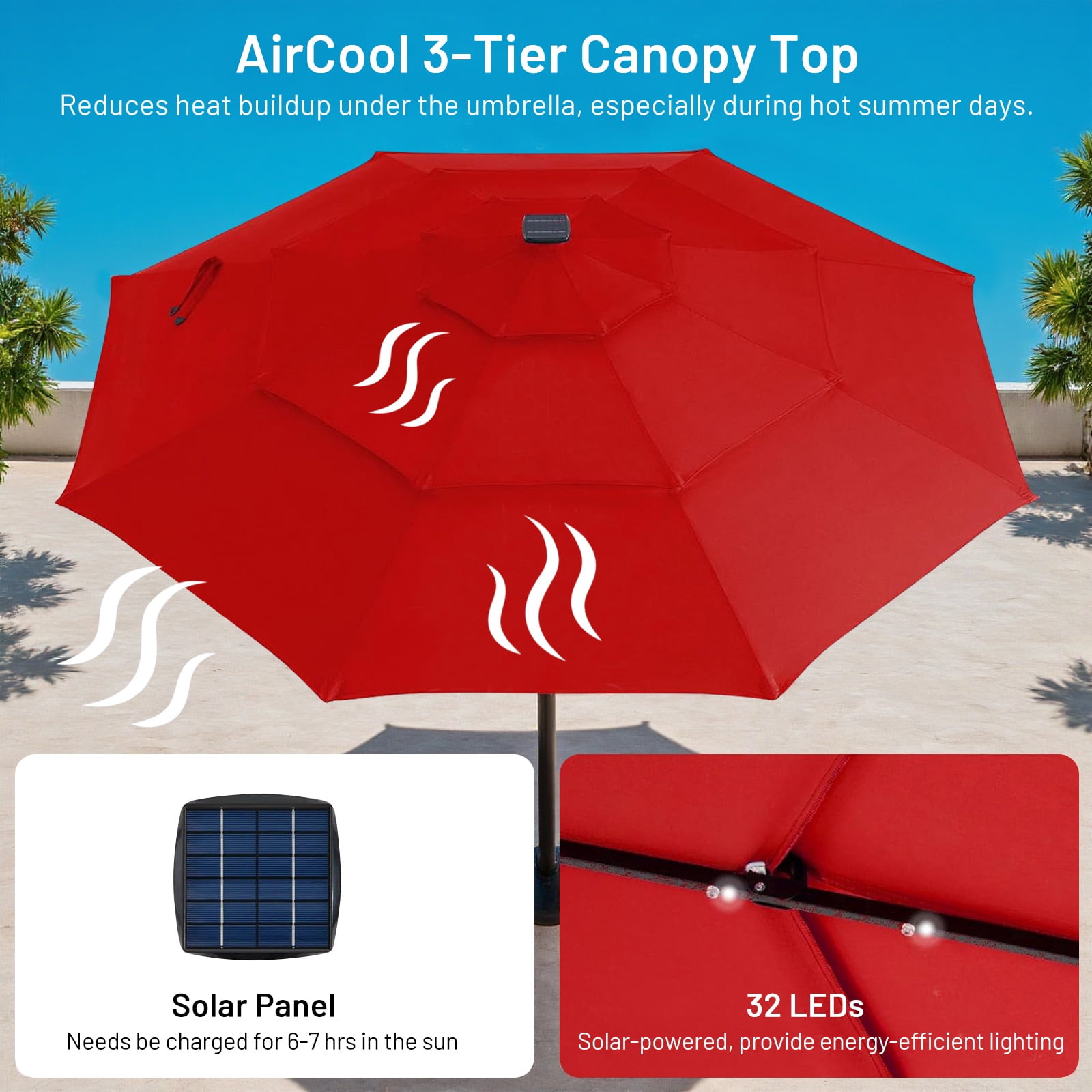 9.2 ft Outdoor Patio Umbrella with Crank and Push-Button Tilt, Market Umbrella with 8 Sturdy Ribs for Deck, Pool, Porch, Garden, Red