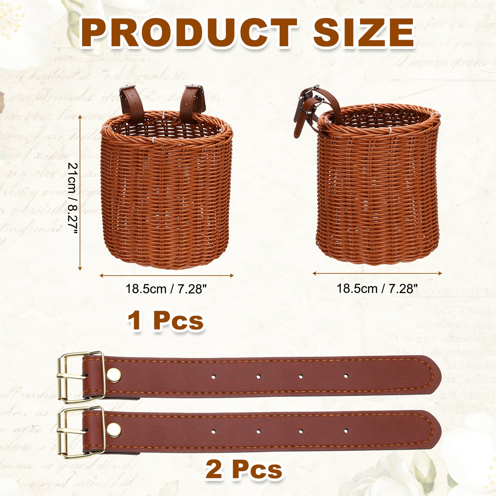 Uxcell Bike Basket, Imitation Rattan Bicycle Basket Adjustable Front Baskets with 2 Leather Belt Buckles Strong Load 7.3 x 7.3 x 8.2" & Brown-Fitting For(Most Bikes/Tricycle/Scooters)