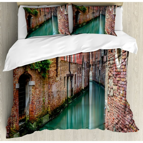 Venice Duvet Cover Set, Scenic Water Canal and Old Historic Buildings Houses Brick Walls, Decorative 3 Piece Bedding Set with 2 Pillow Shams, King Size, Jade Green Dark Coral, by Ambesonne