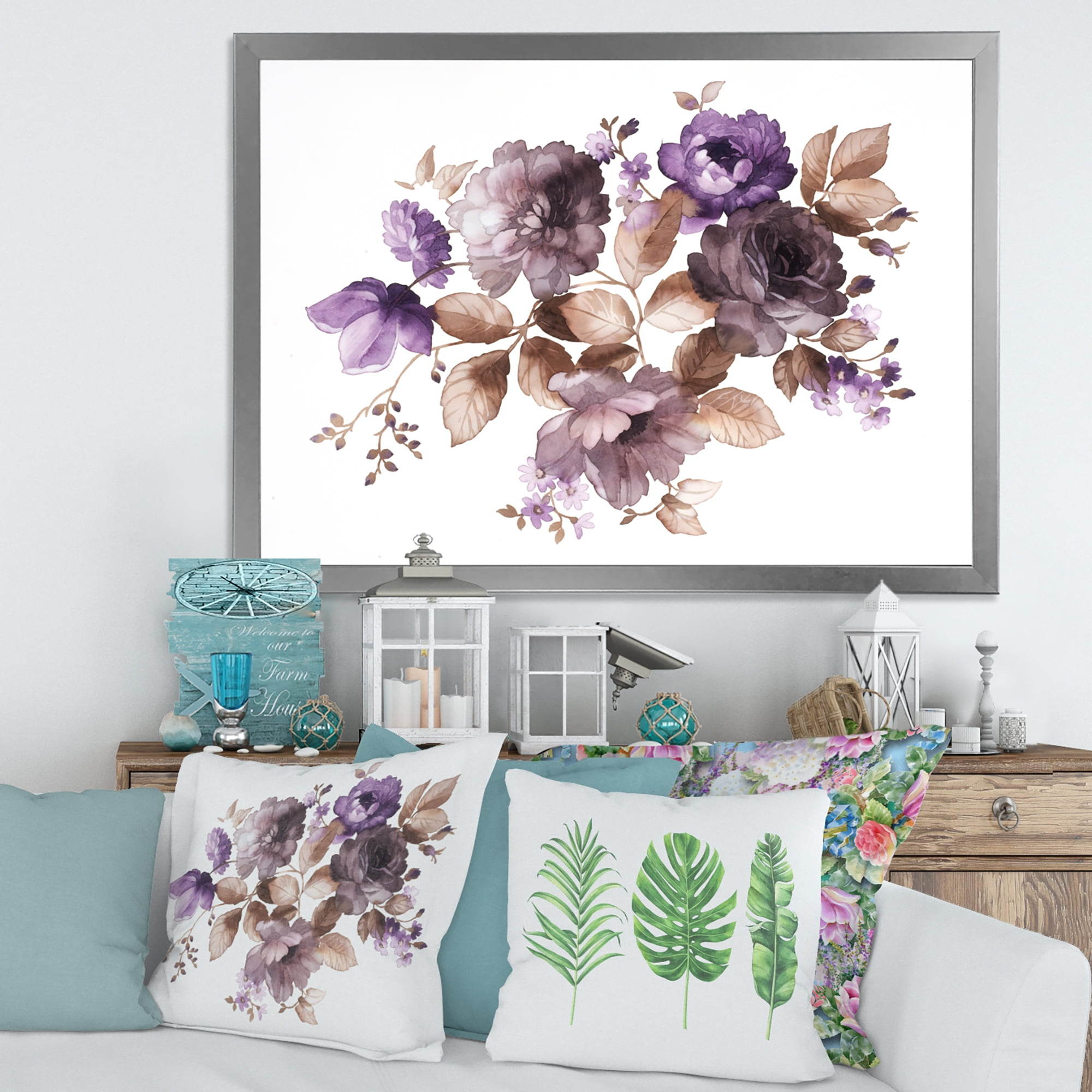 Designart 'Purple Retro Flowers With Brown Leaves On White' Traditional Framed Art Print