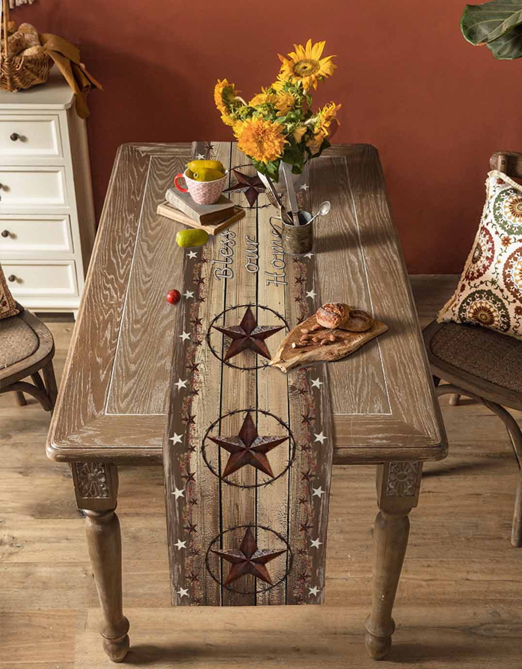 Rustic Country Table Runner 48 Inches, Western Stars Brown Texture Wooden Print Bed Runner Dresser Scarves Tabletop for Indoor Outdoor Parties/Ceremony/Banquet, 13" x 48"
