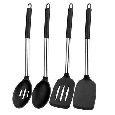 Silicone Spatula and Cooking Spoon, 4 Pack Non-Stick Cooking Utensils for Kitchen, Heat Resistant Solid & Slotted Spoons and Spatulas, Stainless Steel Handle Coated with Silicone, Black