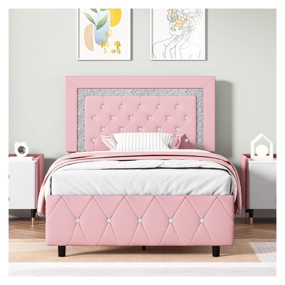 Twin Bed Frame with Headboard Upholstered Leather Frame 39 x 75 Inch Sturdy Metal Slats 6.3 Inch Easy Assembly Bedroom Furniture