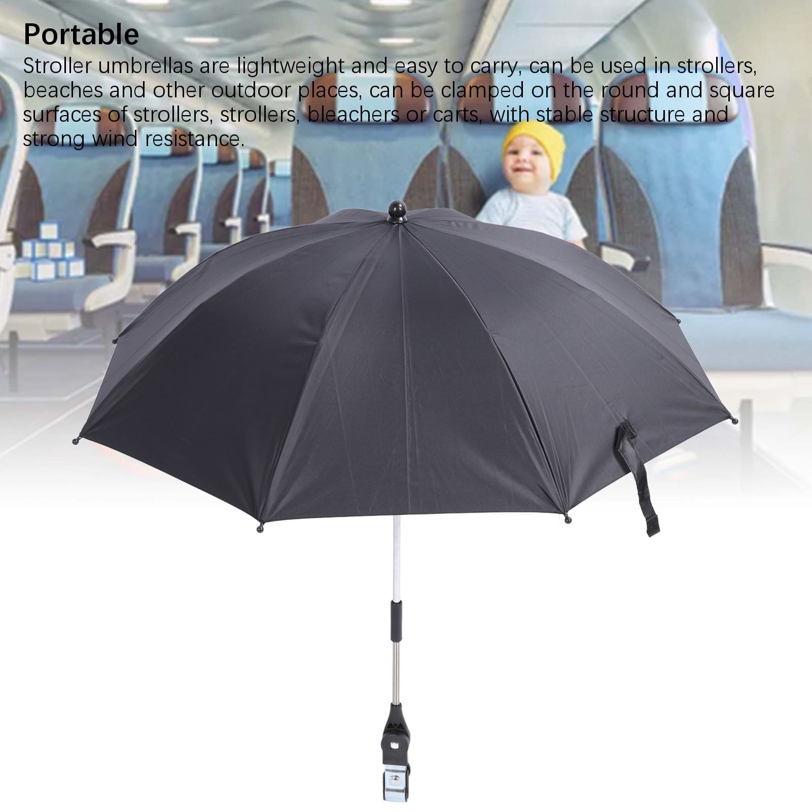 NFTIGB Baby Stroller Parasol Clip-On Sun Shade Protection Umbrella Adjustable Clamp for Outdoor Beach 85cm Large Black