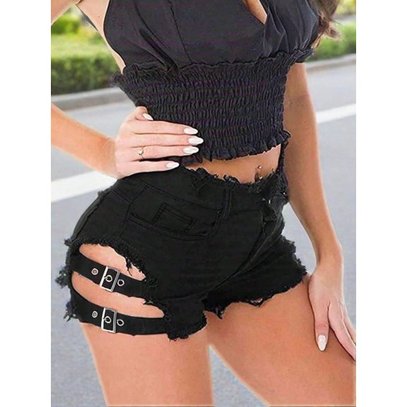 Women's Hot Pants with Thigh Strap Buckles Frayed Hem Sexy Chic Denim Shorts