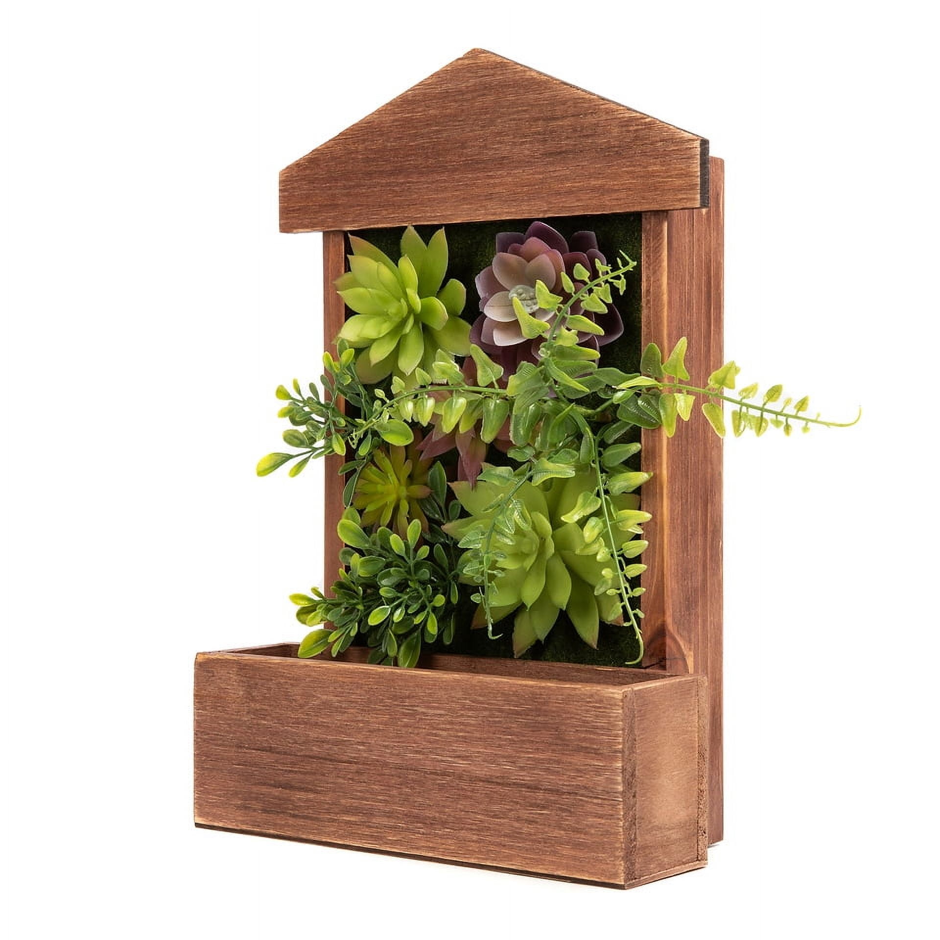K-Cliffs 3D Wooden House Shape Frame with Faux Succulents and 3 Key Hooks, Wall Arrangement, Brown