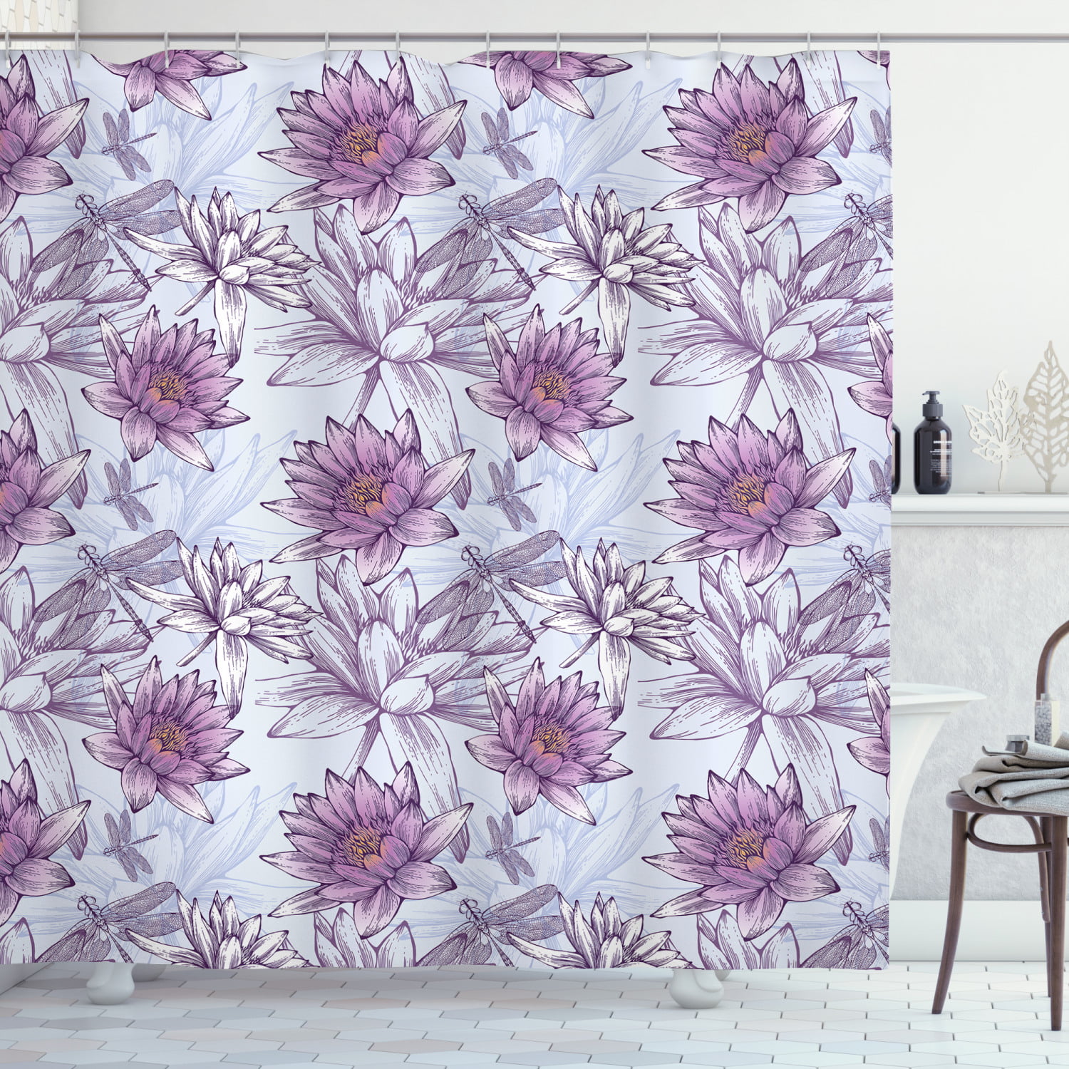 Floral Picture Fabric Shower Curtain set Lotus Dragonfly Bathroom Curtain 71Inch 