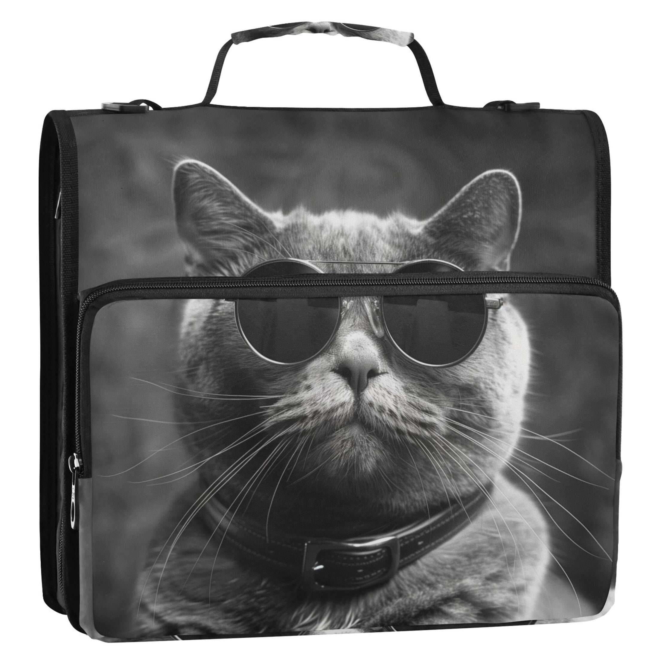3 Ring Zipper Binder with Shoulder Strap Waterproof Trapper Keeper 1.5 Inch D-Ring 500 Sheets Capacity Cat with Glasses