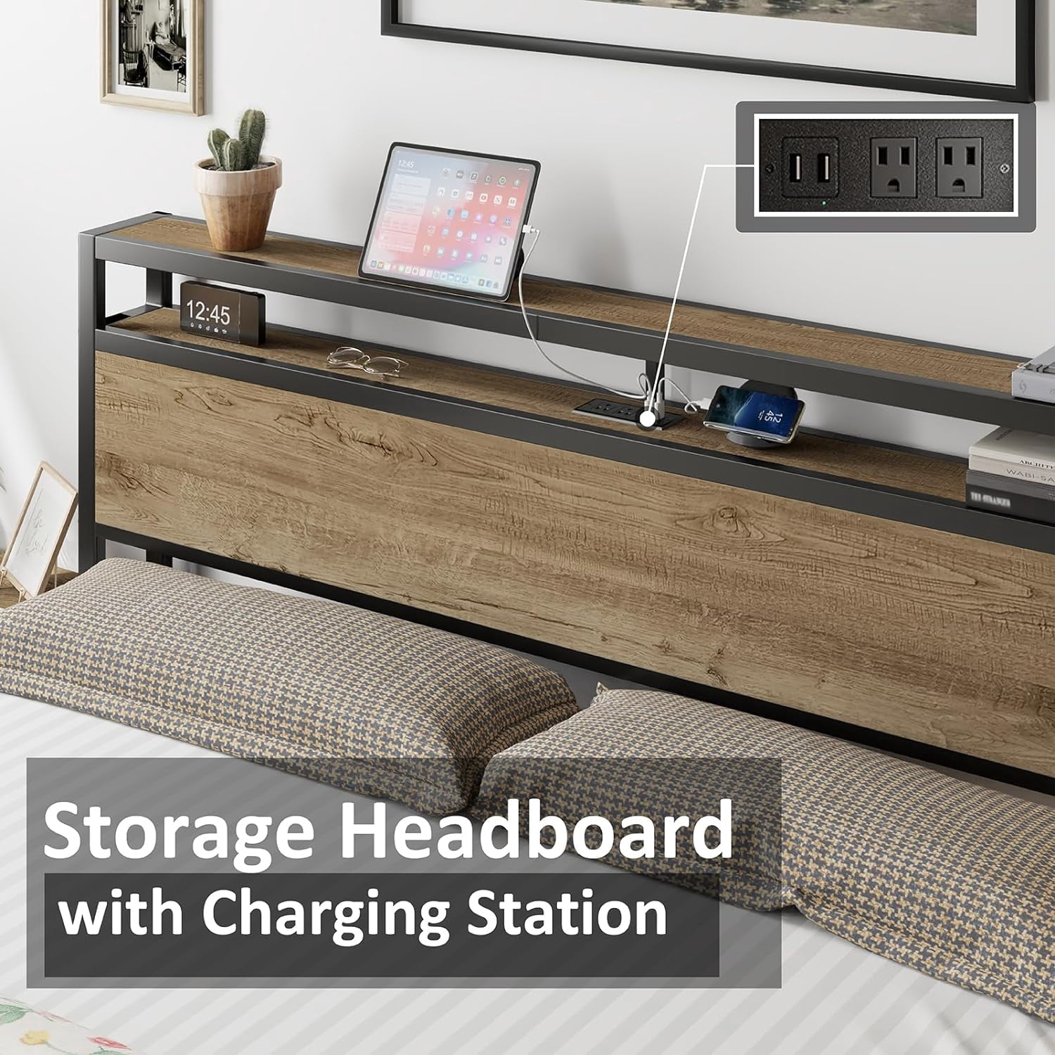 Merluxy King Size Bed Frame Industrial Platform Bed with Charging Station, 2-Tier Storage Headboard/ No Box Spring Needed/ Noise-Free/ Rustic Brown