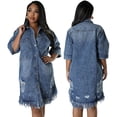 thumbnail image 2 of Women's Denim Fringe Shirt Dress, Short Sleeve Button Front Plus Size Midi Dress, 2 of 10
