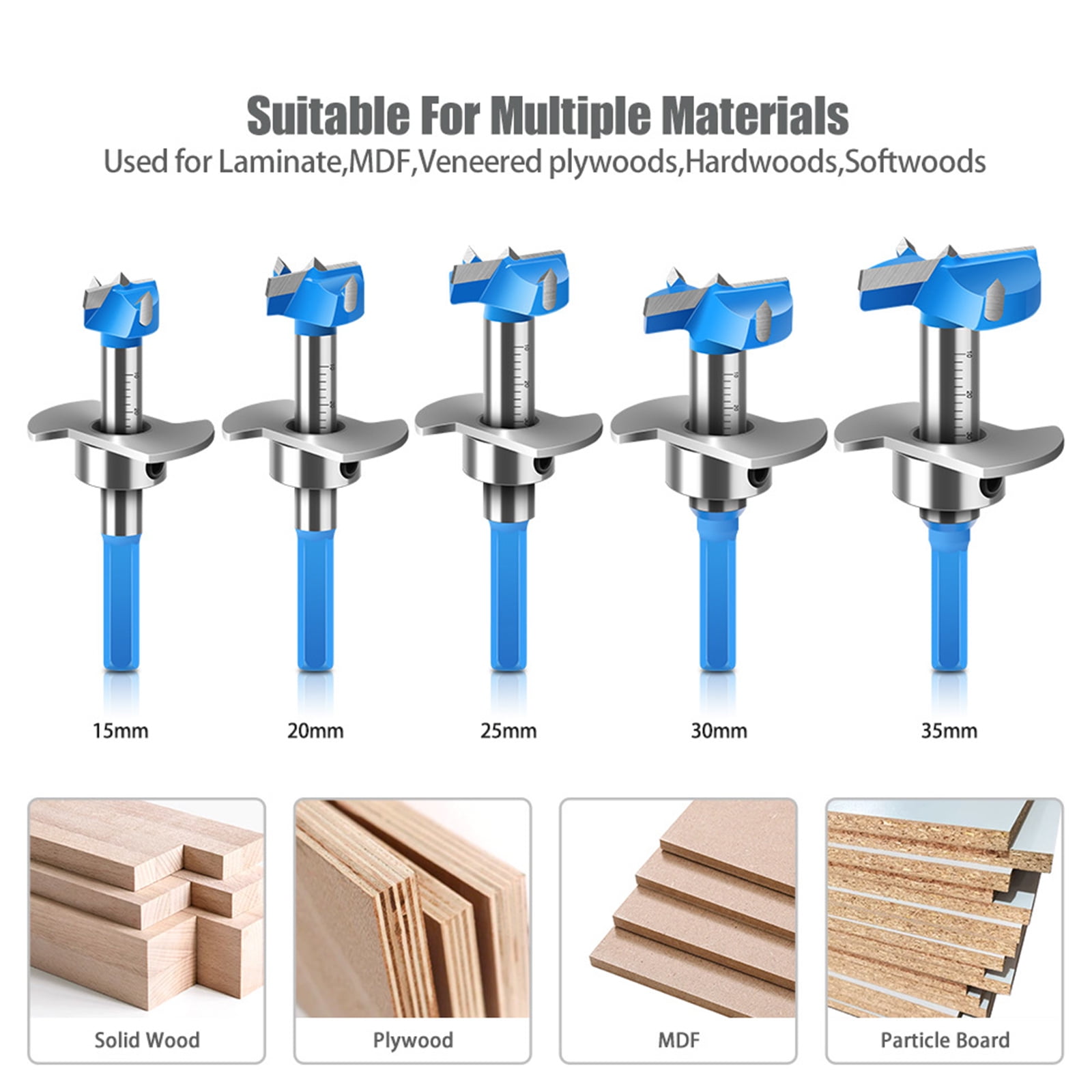 5Pcs Forstner Drill Bit Set With Adjustable Depth Hexagonal Shank For Woodworking Hinge Installation 15-35mm