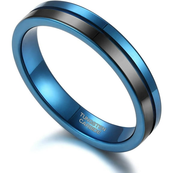 Wedding Rings for Women's 4mm Black & Blue Groove Line Tungsten Band.